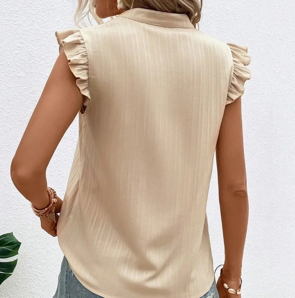 Contrast Lace Ruffle Trim Notched Neckline Blouse - Picture 2 of 4